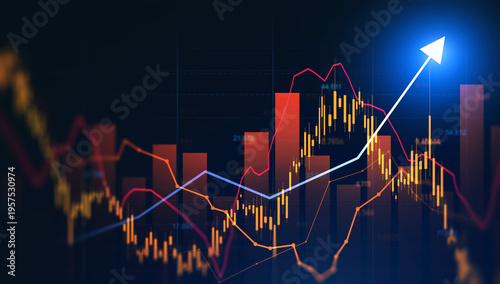 Business financial chart with moving up arrow graph.Financial data charts with glowing stock market graphs.Stock market investment data and analysis finance graph.	
