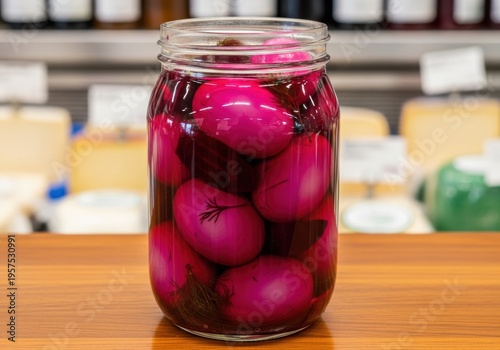 Pickled eggs in a glass jar with dill