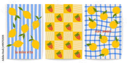 Vintage summer Mediterranean posters. Minimalist prints with hand drawn lemon orange strawberry fruits, Italy dolce vita aesthetic banners for restaurant menu, cafe decor. Vector set