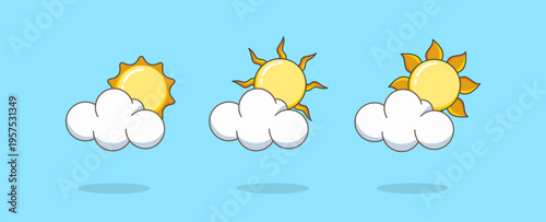 Set of sunny and cloudy weather icons. Sun behind white clouds illustration in cartoon style