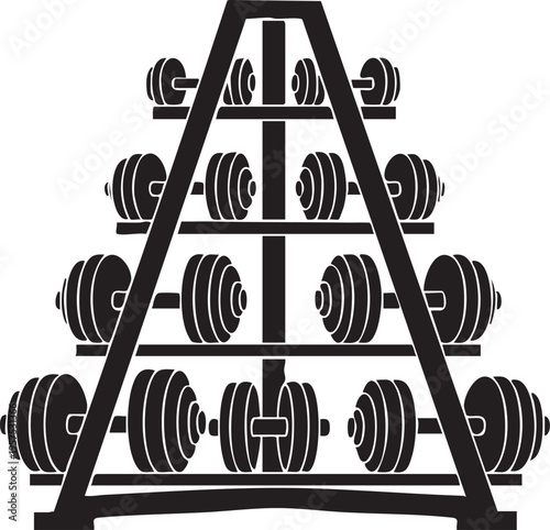 Black and white illustration of a weight rack with dumbbells arranged in tiers