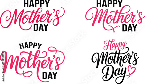 Happy Mother's Day Hand Lettering Set with Elegant Pink and Black Calligraphy Isolated on White for Greeting Cards and Gifts