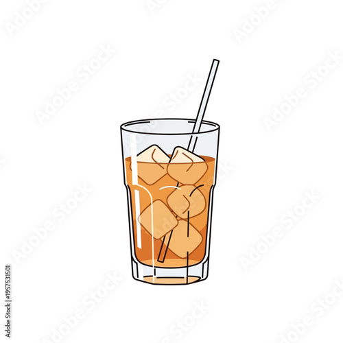 Refreshing Iced Tea Drink with Ice Cubes and Straw Illustration