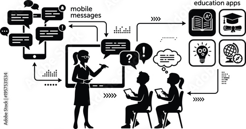 Digital Education Concept Illustration Featuring Teacher Students Mobile Messaging Communication and Online Learning Apps Technology Classroom Interaction Design