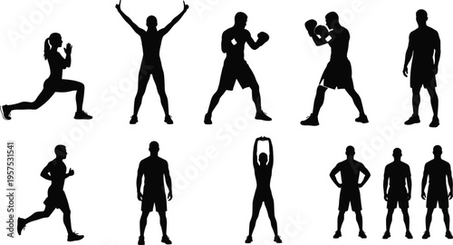 Fitness men silhouette set, athletic workout and boxing poses collection, training and exercise activities, strong male body shapes, black isolated vector illustration, sport lifestyle concept