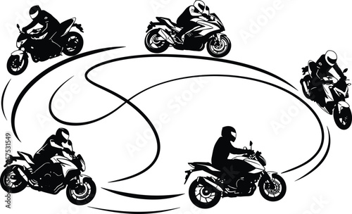 Motorcycle rider silhouette set, sport bike racing poses collection, dynamic motion curves, motorbike action scenes, black isolated vector illustration, speed and adrenaline concept design