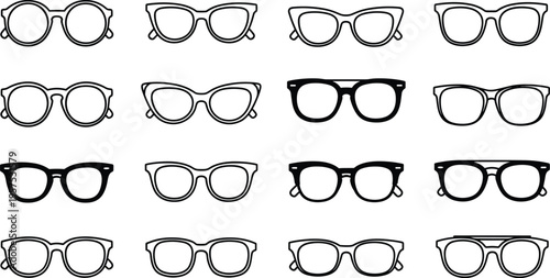 Eyeglasses silhouette set, optical frames collection with various styles, vintage and modern eyewear shapes, black outline vector illustration, vision accessory design and fashion concept
