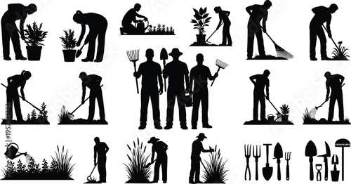 Gardener silhouette set, people working in garden collection, planting watering digging poses, landscaping tools icons, black isolated vector illustration, agriculture and gardening activity pack