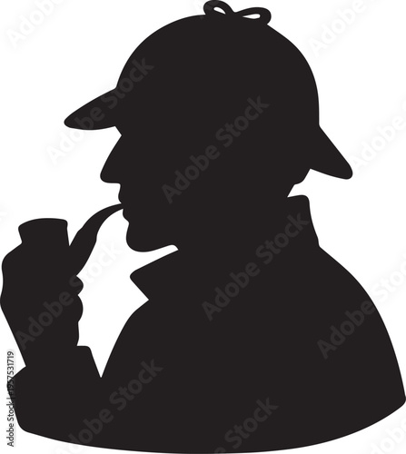 Silhouette of a detective wearing a deerstalker hat and smoking a pipe against a white background. Vector, illustration