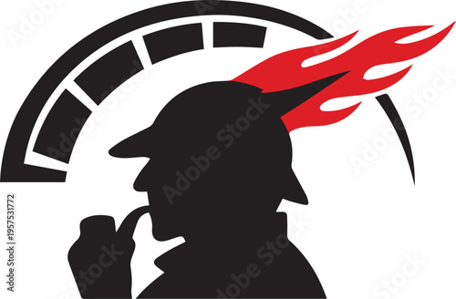 Silhouette of a detective with a pipe and a flaming hat against a speedometer background Vector, illustration
