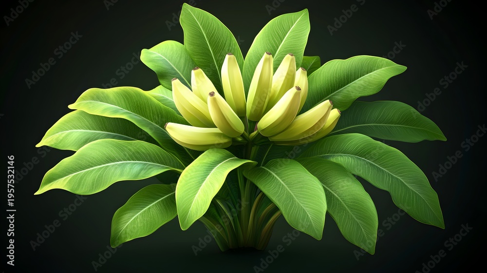 Fototapeta premium Banana bunch with lush green leaves