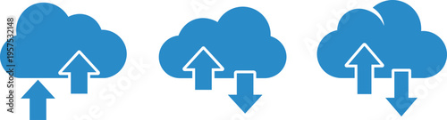 Three blue cloud with upload and download arrows data transfer