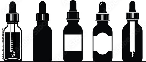 Dropper Bottle Silhouettes Set Featuring Glass Pipette Containers for Essential Oils Medicine Skincare and Liquid Packaging Design Collection