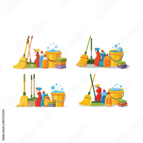 Cleaning bucket and mop with soap suds illustration