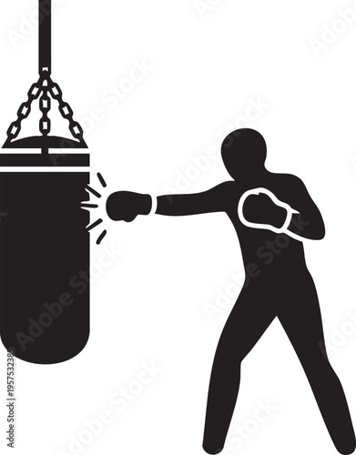 Silhouette of a boxer punching a hanging heavy bag in a black and white style