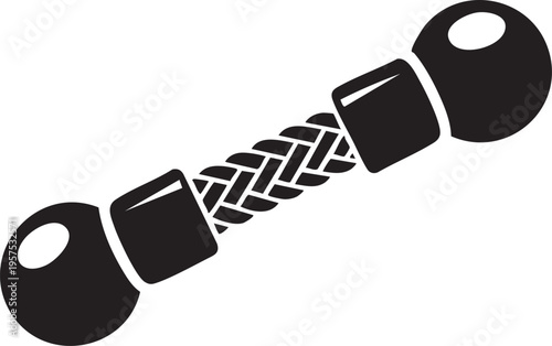 Black and white illustration of a stylized dog toy with knotted rope