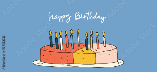 Birthday cake with ten candles and happy birthday text. Illustrated birthday cake with ten lit candles and Happy Birthday message on blue background