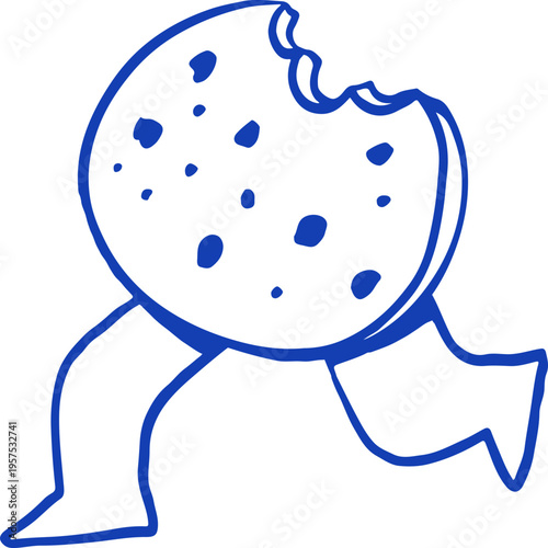 Hand drawn cookie with bite mark cartoon character. Cafe, bakery and patisserie doodles series for logos, signs and menus.