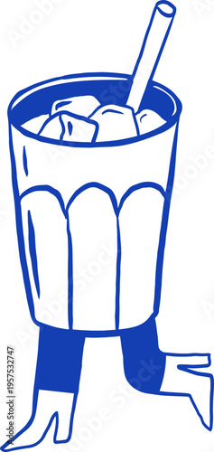 Hand drawn iced drink glass cartoon character. Cafe, bakery and patisserie doodles series for logos, signs and menus.