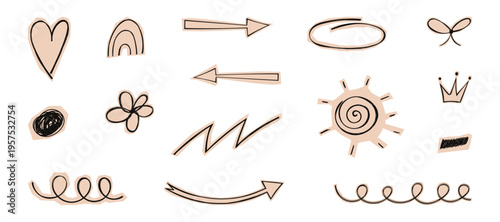 Doodle elements with ripped newspaper, gazette texture. Handwritten line sketch of flower, crown, cloud, sun, underlines, heart. Crayon icon set. Isolated vector illustration for poster, collage.