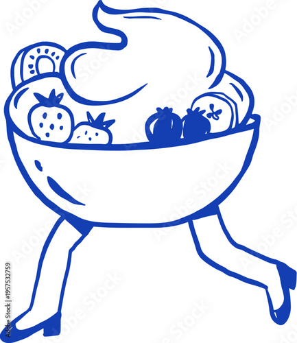 Hand drawn yogurt bowl cartoon character. Cafe, bakery and patisserie doodles series for logos, signs and menus.