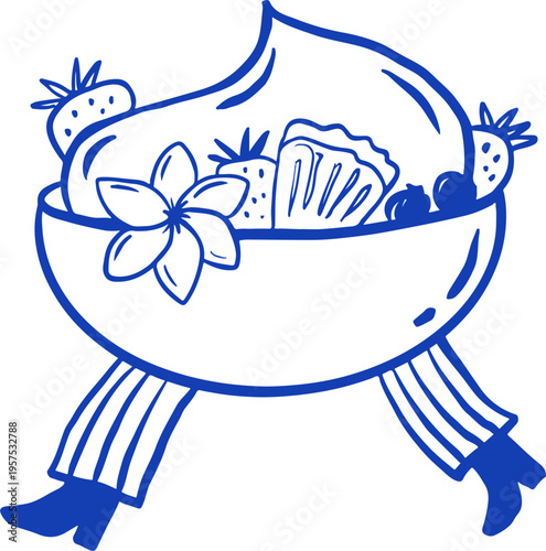 Hand drawn yogurt bowl cartoon character. Cafe, bakery and patisserie doodles series for logos, signs and menus.