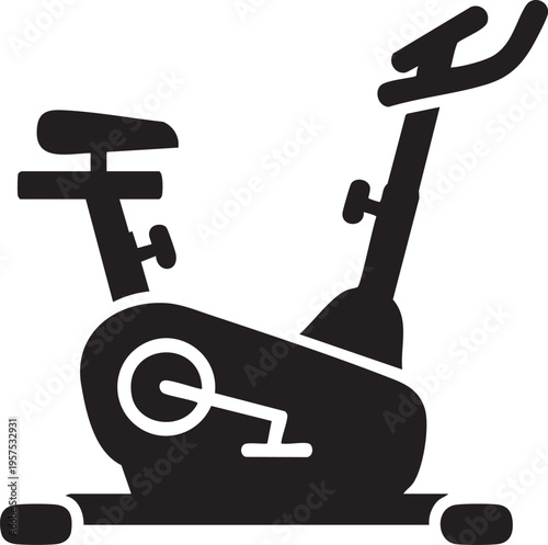 Black silhouette of a stationary exercise bike with a circular flywheel