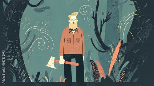 Stylized Lumberjack Character Adventuring in Whimsical Woodland Forest Illustration