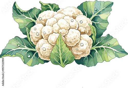 Detailed Cauliflower Vector Illustration with Fresh Green Leaves and Realistic Curd Texture for Healthy Food Nutrition Organic Farming and Grocery Store Graphics