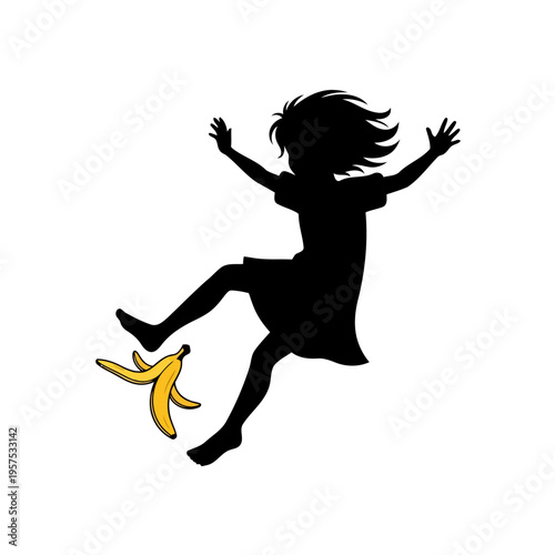 A silhouette of a girl slipping on a banana peel in mid-air