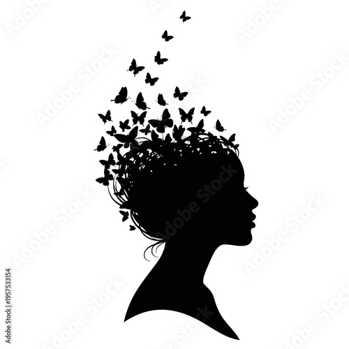 A black silhouette of a woman with butterflies flying out of her head