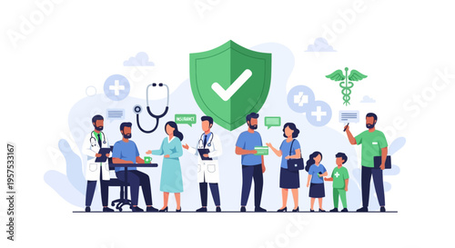 Family Health Insurance & Medical Care: Doctors, Patients & Protection. Comprehensive Healthcare Services Concept.