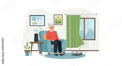 Senior Woman in Smart Home: Elderly Lady Using Voice Assistant & Robot Vacuum for Modern Comfort, Independent Living & Automation