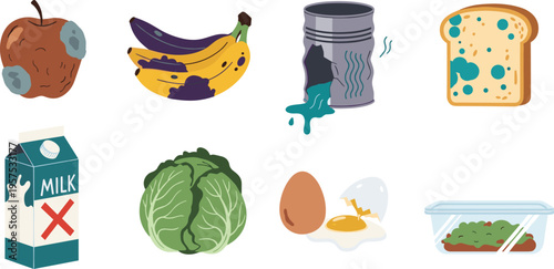 Food waste and expired grocery vector set featuring moldy bread rotten apple brown bananas spoiled milk carton broken egg and damaged tin can isolated on white background
