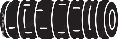 Black and white illustration of stacked tires in a cylindrical arrangement