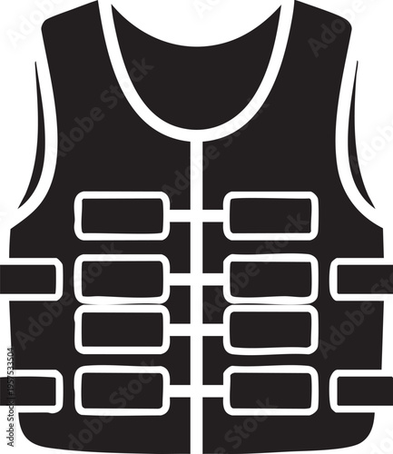 Black and white icon of a tactical vest with pouches and straps