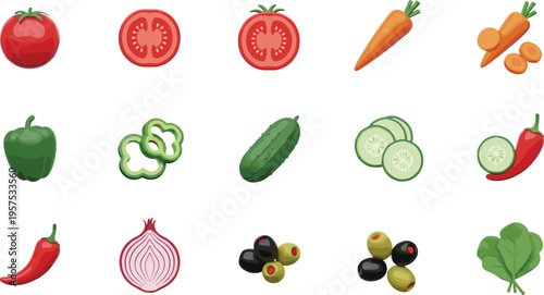 Fresh garden vegetable vector collection featuring sliced red tomatoes carrots green bell peppers cucumbers chili peppers onions black and green olives and spinach leaves isolated on white background