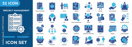 Project Management icon set illustrating project, planning, process, strategy, management, plan, task list for management and corporate projects