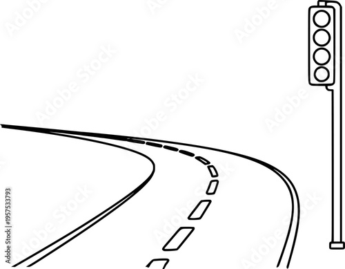 Black and white of a curving road with dashed lines and a traffic signal light intersection