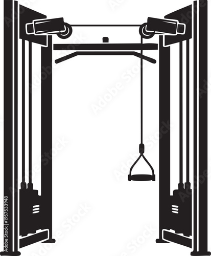 Black and white illustration of a functional trainer exercise machine in a gym