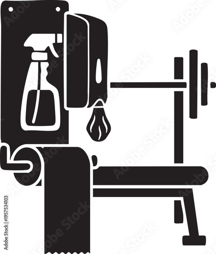 Gym equipment with cleaning supplies spray bottle towel and weightlifting bench
