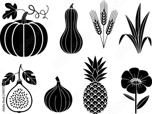 Collection of black silhouette fruits vegetables grains and flower white background