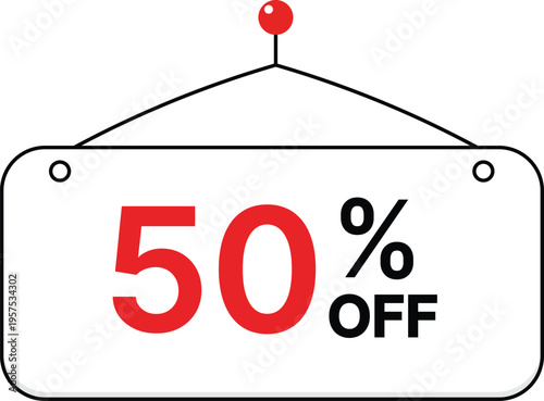 Red and black fifty percent off sign with red pin sale discount promotion