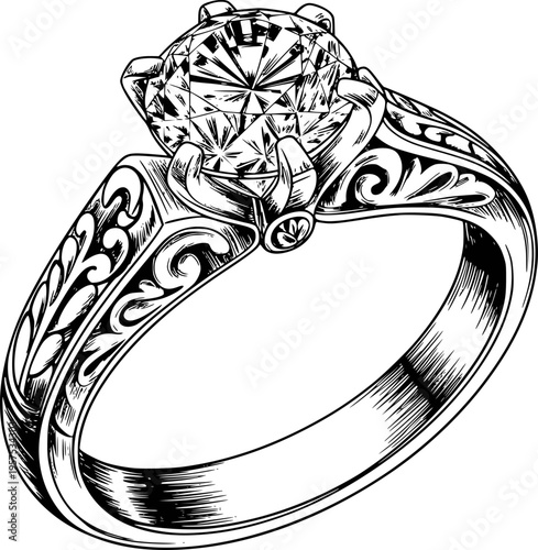 Detailed Vintage Diamond Engagement Ring with Ornate Band White Background jewelry