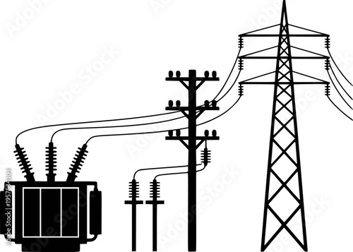 Electrical power transmission lines connecting a transformer to a pylon and utility pole