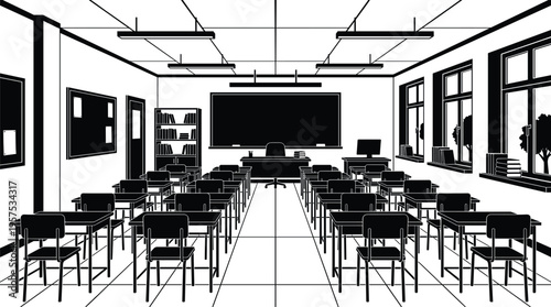 Empty Classroom Interior Perspective Silhouette with Desks Chairs Blackboard Windows and Lighting School Education Environment Illustration