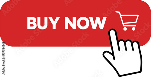 Red button with white text BUY NOW and shopping cart with cursor buy now click