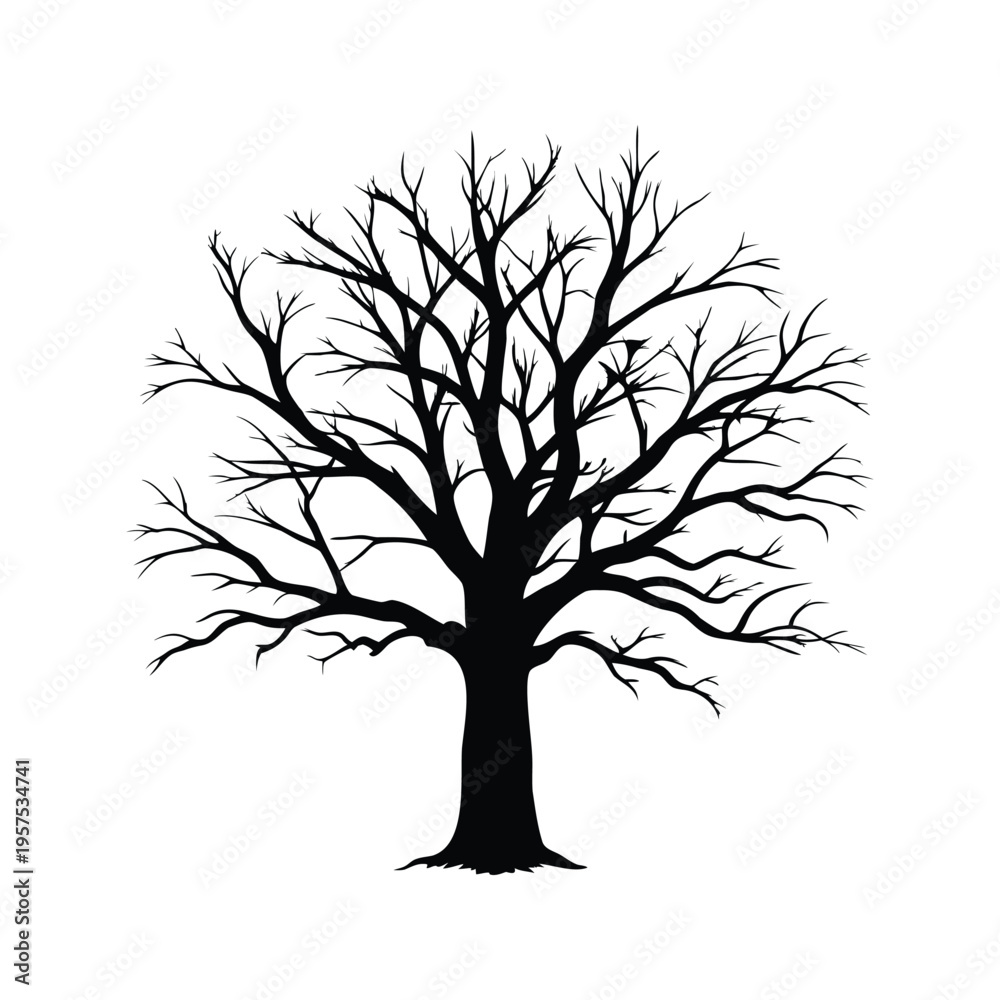 Obraz premium Silhouette of a majestic tree with intricate branches and trunk, vector illustration, leafless dead tree in winter silhouette vector illustration