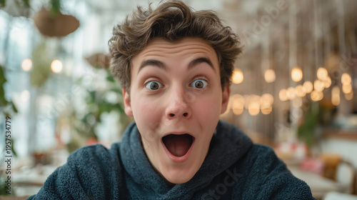 A close up portrait of a young man with curly hair looking surprised at the camera in a bright room