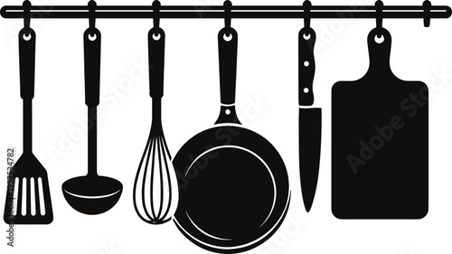 Hanging Kitchen Utensils Silhouette Set Featuring Spatula Ladle Whisk Frying Pan Knife and Cutting Board Cooking Tools Illustration